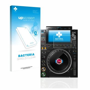 Vorderseite einer Produktverpackung mit dem Markenlogo upscreen. Daneben ist das Gerät Pioneer CDJ 3000 mit dem zugehörigen Di