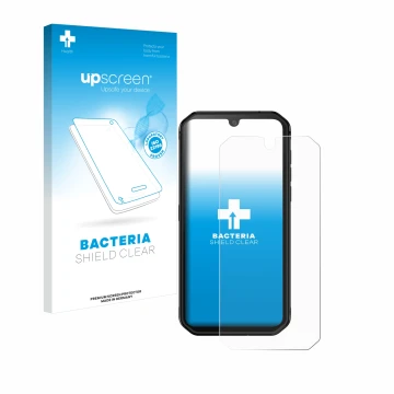 Vorderseite einer Produktverpackung mit dem Markenlogo upscreen. Daneben ist das Gerät Blackview BV9900E mit dem zugehörigen D