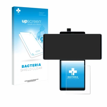 Vorderseite einer Produktverpackung mit dem Markenlogo upscreen. Daneben ist das Gerät LG Wing (Hinteres Display) mit dem zuge