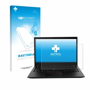 Vorderseite einer Produktverpackung mit dem Markenlogo upscreen. Daneben ist das Gerät Lenovo ThinkPad T14s Gen 1 mit dem zuge