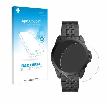 Vorderseite einer Produktverpackung mit dem Markenlogo upscreen. Daneben ist das Gerät Fossil Gen 5E mit dem zugehörigen Displ