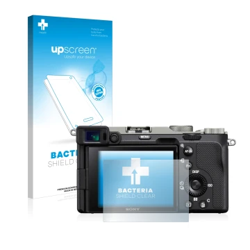 Vorderseite einer Produktverpackung mit dem Markenlogo upscreen. Daneben ist das Gerät Sony Alpha 7C mit dem zugehörigen Displ