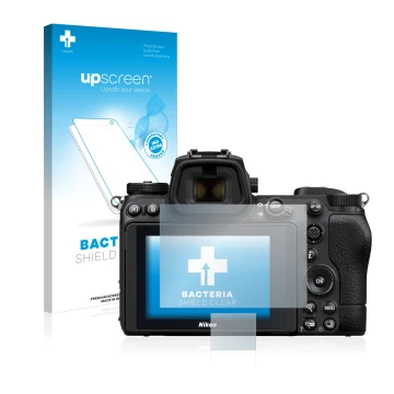 Vorderseite einer Produktverpackung mit dem Markenlogo upscreen. Daneben ist das Gerät Nikon Z 7 II mit dem zugehörigen Displa