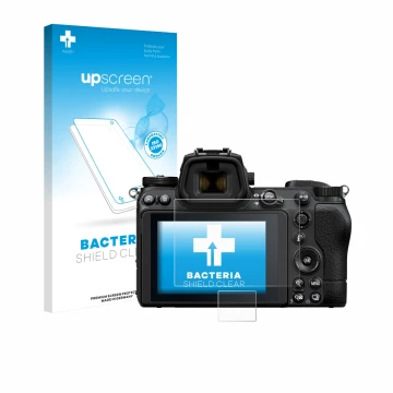 Vorderseite einer Produktverpackung mit dem Markenlogo upscreen. Daneben ist das Gerät Nikon Z 6 II mit dem zugehörigen Displa