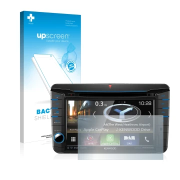 Vorderseite einer Produktverpackung mit dem Markenlogo upscreen. Daneben ist das Gerät Kenwood DNX518VDABS mit dem zugehörigen