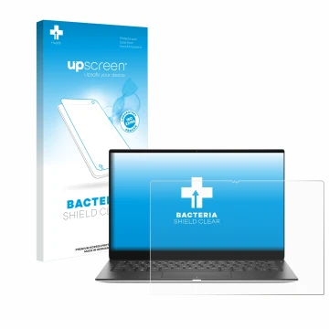 Vorderseite einer Produktverpackung mit dem Markenlogo upscreen. Daneben ist das Gerät Dell XPS 13 9310 2-in-1 mit dem zugehör