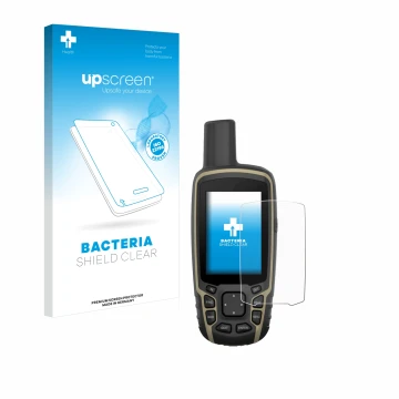 Vorderseite einer Produktverpackung mit dem Markenlogo upscreen. Daneben ist das Gerät Garmin GPSMAP 65 mit dem zugehörigen Di