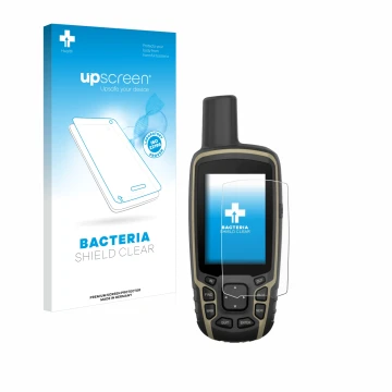 Vorderseite einer Produktverpackung mit dem Markenlogo upscreen. Daneben ist das Gerät Garmin GPSMAP 65s mit dem zugehörigen D