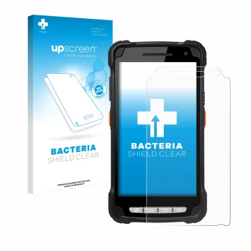 Vorderseite einer Produktverpackung mit dem Markenlogo upscreen. Daneben ist das Gerät Point Mobile PM90 mit dem zugehörigen D