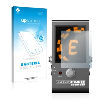 Vorderseite einer Produktverpackung mit dem Markenlogo upscreen. Daneben ist das Gerät Peterson Strobostomp HD mit dem zugehör