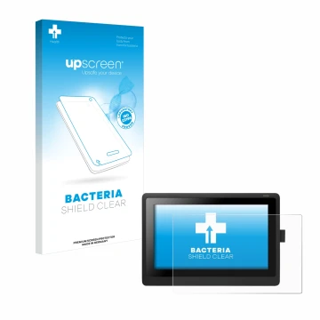 Vorderseite einer Produktverpackung mit dem Markenlogo upscreen. Daneben ist das Gerät Wacom Cintiq 16 mit dem zugehörigen Dis