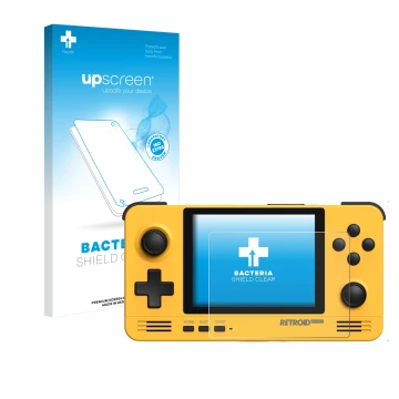 Vorderseite einer Produktverpackung mit dem Markenlogo upscreen. Daneben ist das Gerät Retroid Pocket 2 mit dem zugehörigen Di