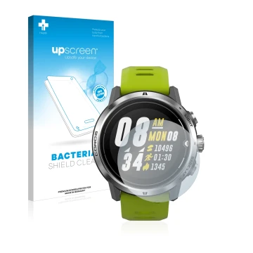 Vorderseite einer Produktverpackung mit dem Markenlogo upscreen. Daneben ist das Gerät Coros Apex Pro mit dem zugehörigen Disp