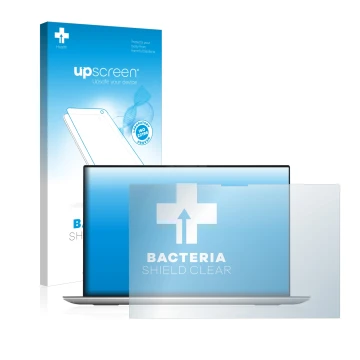 Vorderseite einer Produktverpackung mit dem Markenlogo upscreen. Daneben ist das Gerät Dell XPS 17 9700 touch mit dem zugehöri
