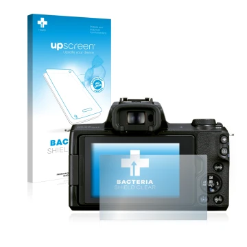 Vorderseite einer Produktverpackung mit dem Markenlogo upscreen. Daneben ist das Gerät Canon EOS M50 Mark II mit dem zugehörig