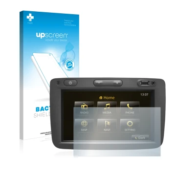 Vorderseite einer Produktverpackung mit dem Markenlogo upscreen. Daneben ist das Gerät Dacia Duster 2 2019 Infotainment System