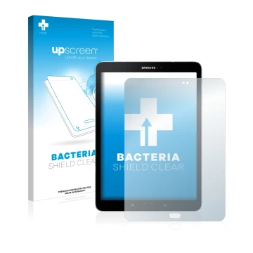 Vorderseite einer Produktverpackung mit dem Markenlogo upscreen. Daneben ist das Gerät Samsung Galaxy Tab S3 mit dem zugehörig