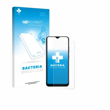 Vorderseite einer Produktverpackung mit dem Markenlogo upscreen. Daneben ist das Gerät Samsung Galaxy A02s mit dem zugehörigen