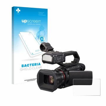 Vorderseite einer Produktverpackung mit dem Markenlogo upscreen. Daneben ist das Gerät Panasonic HC-X2000 mit dem zugehörigen 