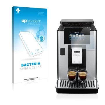 Vorderseite einer Produktverpackung mit dem Markenlogo upscreen. Daneben ist das Gerät DeLonghi PrimaDonna Soul ECAM610.74.MB 