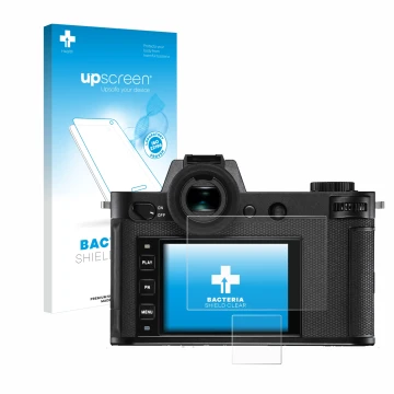 Vorderseite einer Produktverpackung mit dem Markenlogo upscreen. Daneben ist das Gerät Leica SL2-S mit dem zugehörigen Display