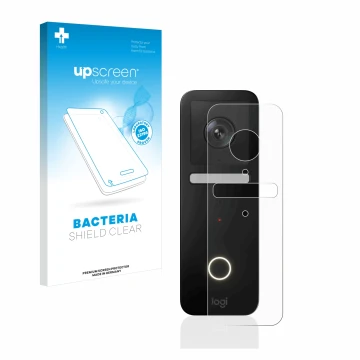 Vorderseite einer Produktverpackung mit dem Markenlogo upscreen. Daneben ist das Gerät Logitech Circle View Doorbell mit dem z