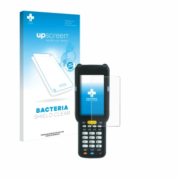 Vorderseite einer Produktverpackung mit dem Markenlogo upscreen. Daneben ist das Gerät Zebra MC3300X mit dem zugehörigen Displ