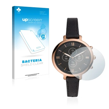 Vorderseite einer Produktverpackung mit dem Markenlogo upscreen. Daneben ist das Gerät Fossil Monroe Hybrid HR mit dem zugehör