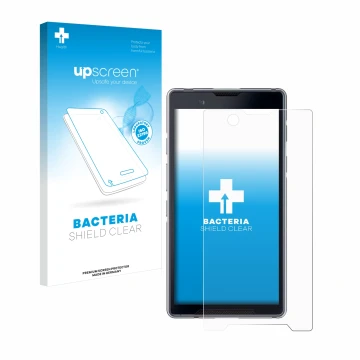 Vorderseite einer Produktverpackung mit dem Markenlogo upscreen. Daneben ist das Gerät Bittium Tough Mobile 2 mit dem zugehöri