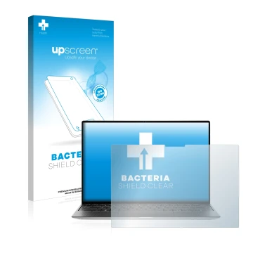 Vorderseite einer Produktverpackung mit dem Markenlogo upscreen. Daneben ist das Gerät Dell XPS 13 9310 Touch mit dem zugehöri