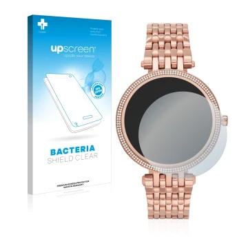 Vorderseite einer Produktverpackung mit dem Markenlogo upscreen. Daneben ist das Gerät Michael Kors Access Darci Gen 5E mit de
