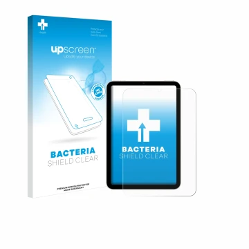 Vorderseite einer Produktverpackung mit dem Markenlogo upscreen. Daneben ist das Gerät Apple iPad Mini 6 WiFi 2021 mit dem zug