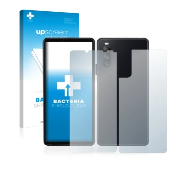 Vorderseite einer Produktverpackung mit dem Markenlogo upscreen. Daneben ist das Gerät Sony Xperia 10 III (Display+Rückseite) 