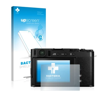 Vorderseite einer Produktverpackung mit dem Markenlogo upscreen. Daneben ist das Gerät Fujifilm X-E4 mit dem zugehörigen Displ