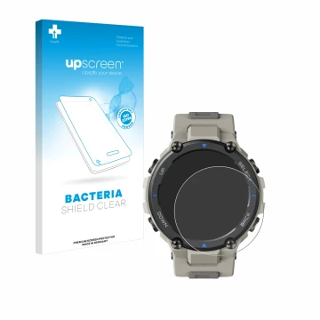 Vorderseite einer Produktverpackung mit dem Markenlogo upscreen. Daneben ist das Gerät Huami Amazfit T-Rex Pro mit dem zugehör
