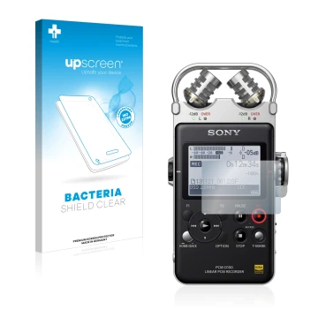 Vorderseite einer Produktverpackung mit dem Markenlogo upscreen. Daneben ist das Gerät Sony PCM D100 mit dem zugehörigen Displ