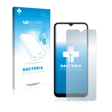 Vorderseite einer Produktverpackung mit dem Markenlogo upscreen. Daneben ist das Gerät Motorola Moto G10 mit dem zugehörigen D