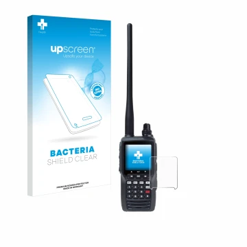 Vorderseite einer Produktverpackung mit dem Markenlogo upscreen. Daneben ist das Gerät Yaesu FTA-550 mit dem zugehörigen Displ