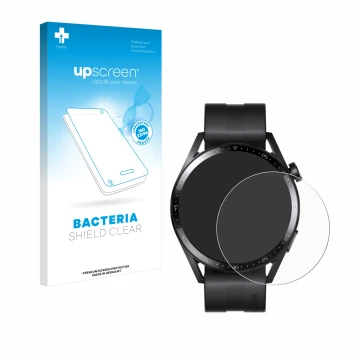 Vorderseite einer Produktverpackung mit dem Markenlogo upscreen. Daneben ist das Gerät Huawei Watch GT 3 (46 mm) mit dem zugeh