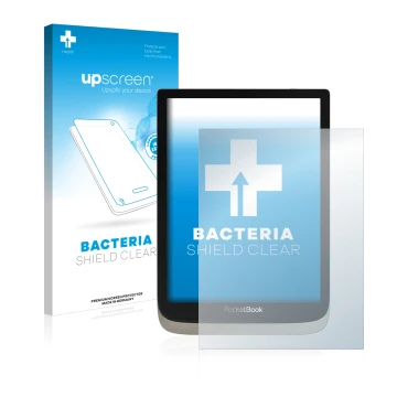 Vorderseite einer Produktverpackung mit dem Markenlogo upscreen. Daneben ist das Gerät PocketBook InkPad Color mit dem zugehör