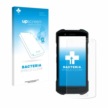 Vorderseite einer Produktverpackung mit dem Markenlogo upscreen. Daneben ist das Gerät Zebra TC26 mit dem zugehörigen Displays