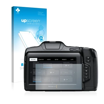 Vorderseite einer Produktverpackung mit dem Markenlogo upscreen. Daneben ist das Gerät Blackmagic Pocket Cinema Camera 6K Pro 