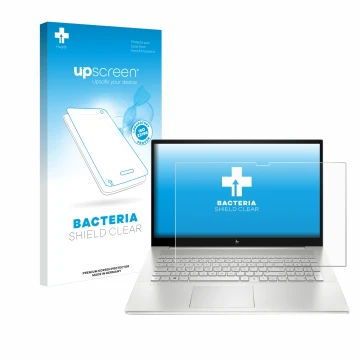 Vorderseite einer Produktverpackung mit dem Markenlogo upscreen. Daneben ist das Gerät HP Envy 17-cX mit dem zugehörigen Displ
