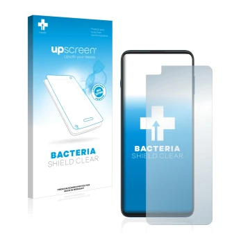 Vorderseite einer Produktverpackung mit dem Markenlogo upscreen. Daneben ist das Gerät Motorola G100 mit dem zugehörigen Displ