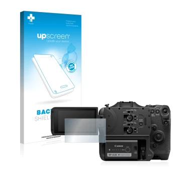 Vorderseite einer Produktverpackung mit dem Markenlogo upscreen. Daneben ist das Gerät Canon EOS C70 mit dem zugehörigen Displ