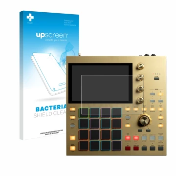 Vorderseite einer Produktverpackung mit dem Markenlogo upscreen. Daneben ist das Gerät Akai MPC One mit dem zugehörigen Displa