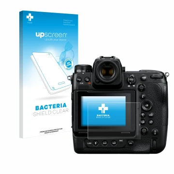 Vorderseite einer Produktverpackung mit dem Markenlogo upscreen. Daneben ist das Gerät Nikon Z 9 mit dem zugehörigen Displaysc