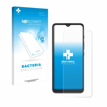 Vorderseite einer Produktverpackung mit dem Markenlogo upscreen. Daneben ist das Gerät Motorola Moto G50 mit dem zugehörigen D
