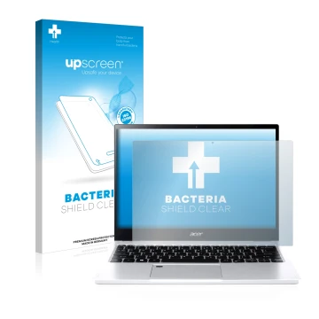 Vorderseite einer Produktverpackung mit dem Markenlogo upscreen. Daneben ist das Gerät Acer Spin 3 SP313-51N mit dem zugehörig