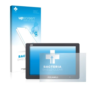 Vorderseite einer Produktverpackung mit dem Markenlogo upscreen. Daneben ist das Gerät Feelworld FW279 7